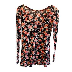 Free People Black Floral Roses Long Sleeve Semi Sheer Stretchy Top